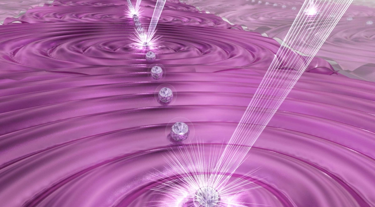 An artist's depiction of an array of atomic ions controlled by lasers