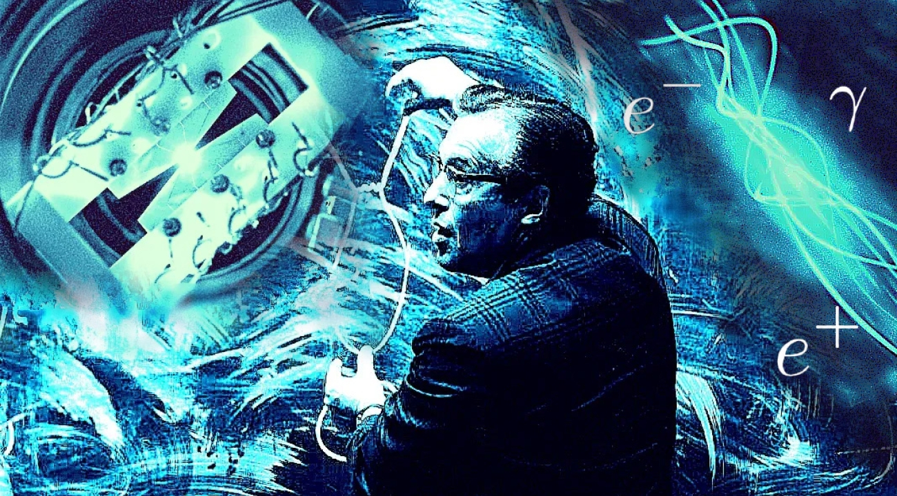 In a blue tinted abstract image a suited man describes a scientific diagram with an electric piece of an ion trap to his left and an abstract representation made of swirly lines and scientific symbols.