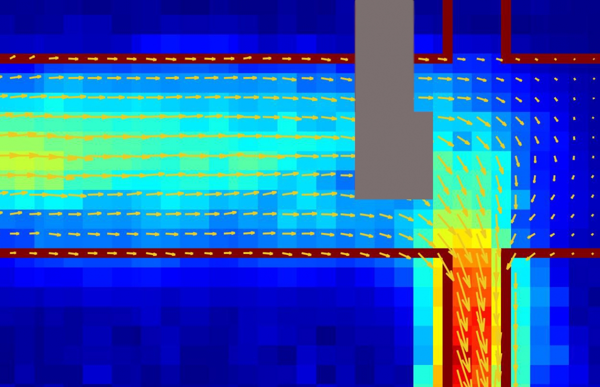 A colorful computer-generated map of the electrical current in a graphene channel that makes a sharp turn.