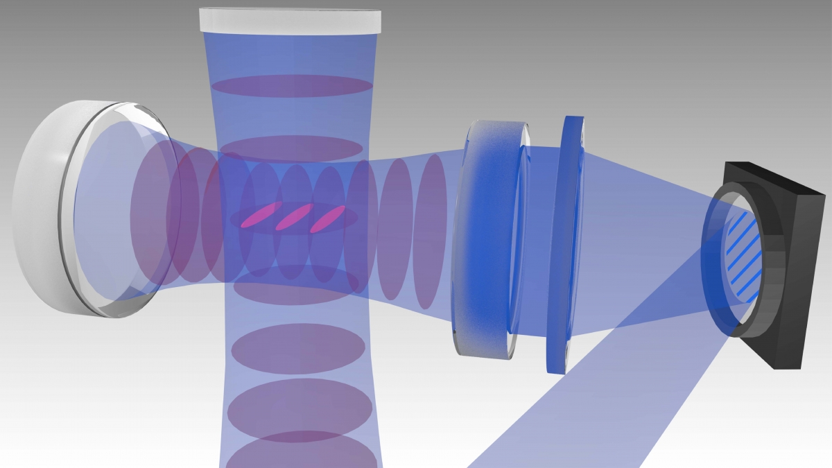 A computer generated graphic showing intersecting blue beams holding pink cigar shaped tubes that represent atoms levitated in the optical cavity by laser beams.