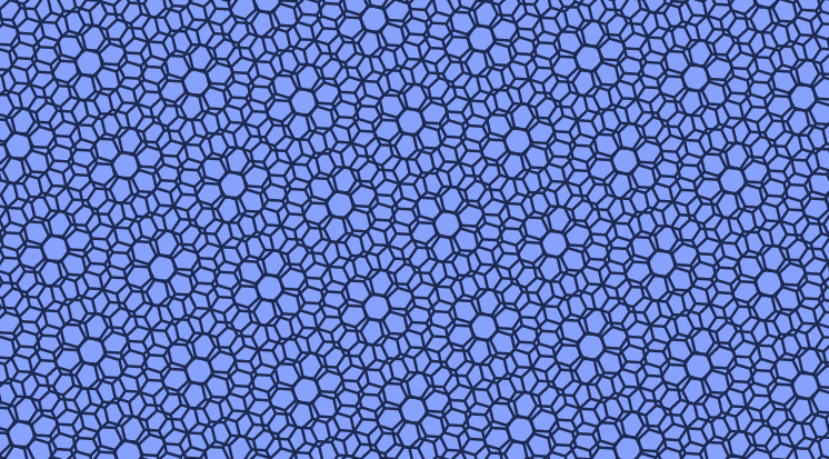 Two hexagonal grids are twisted relative to each other to create hexagonal snowflake-like repeating patterns against a blue background.