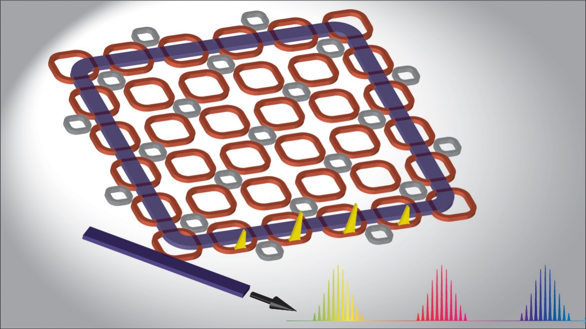 Rendering of a light-guiding lattice of micro-rings that researchers predict will create a highly efficient frequency comb