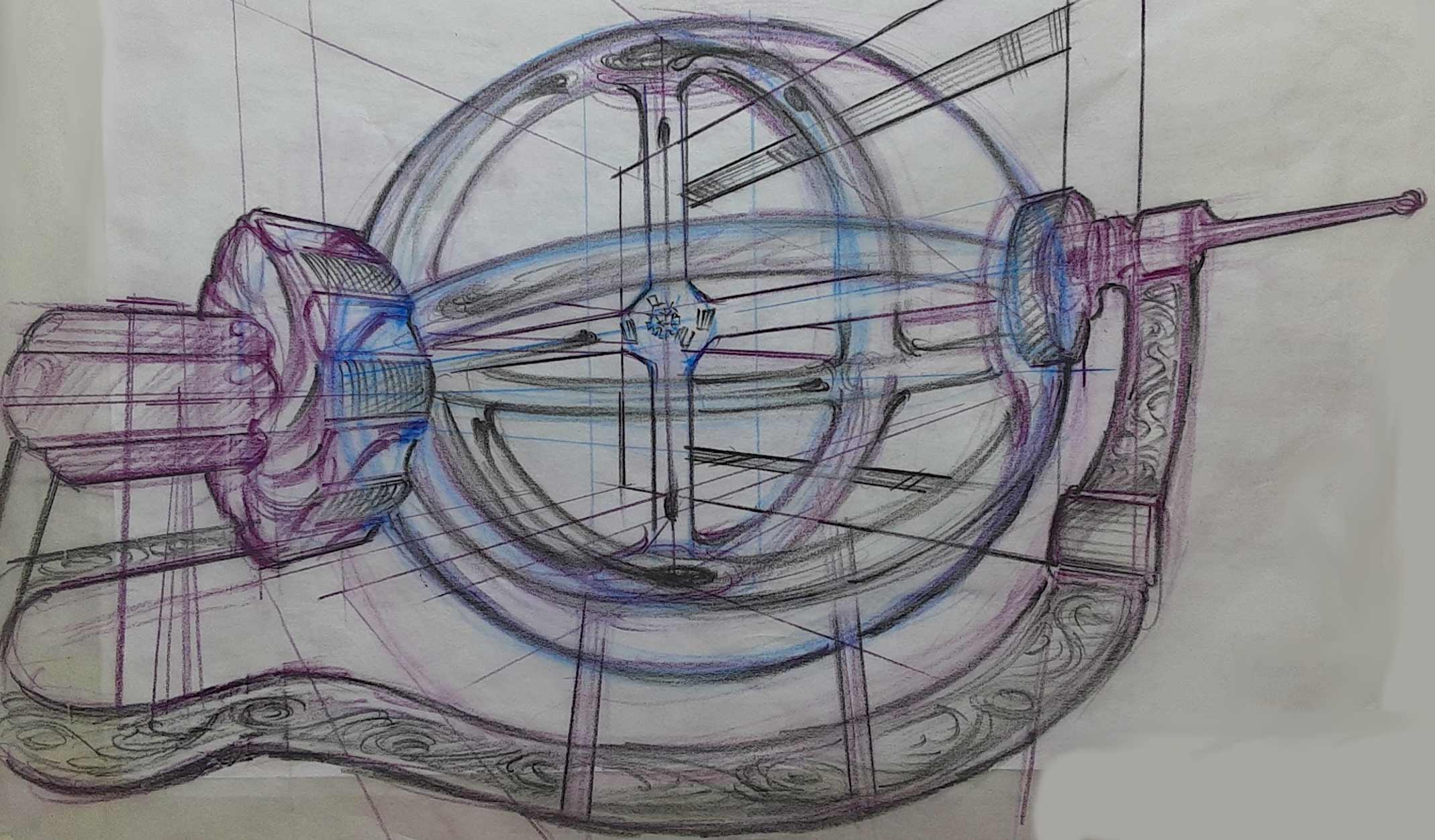 A sketch of a machine of indeterminate use drawn with blue, purple and black lines.