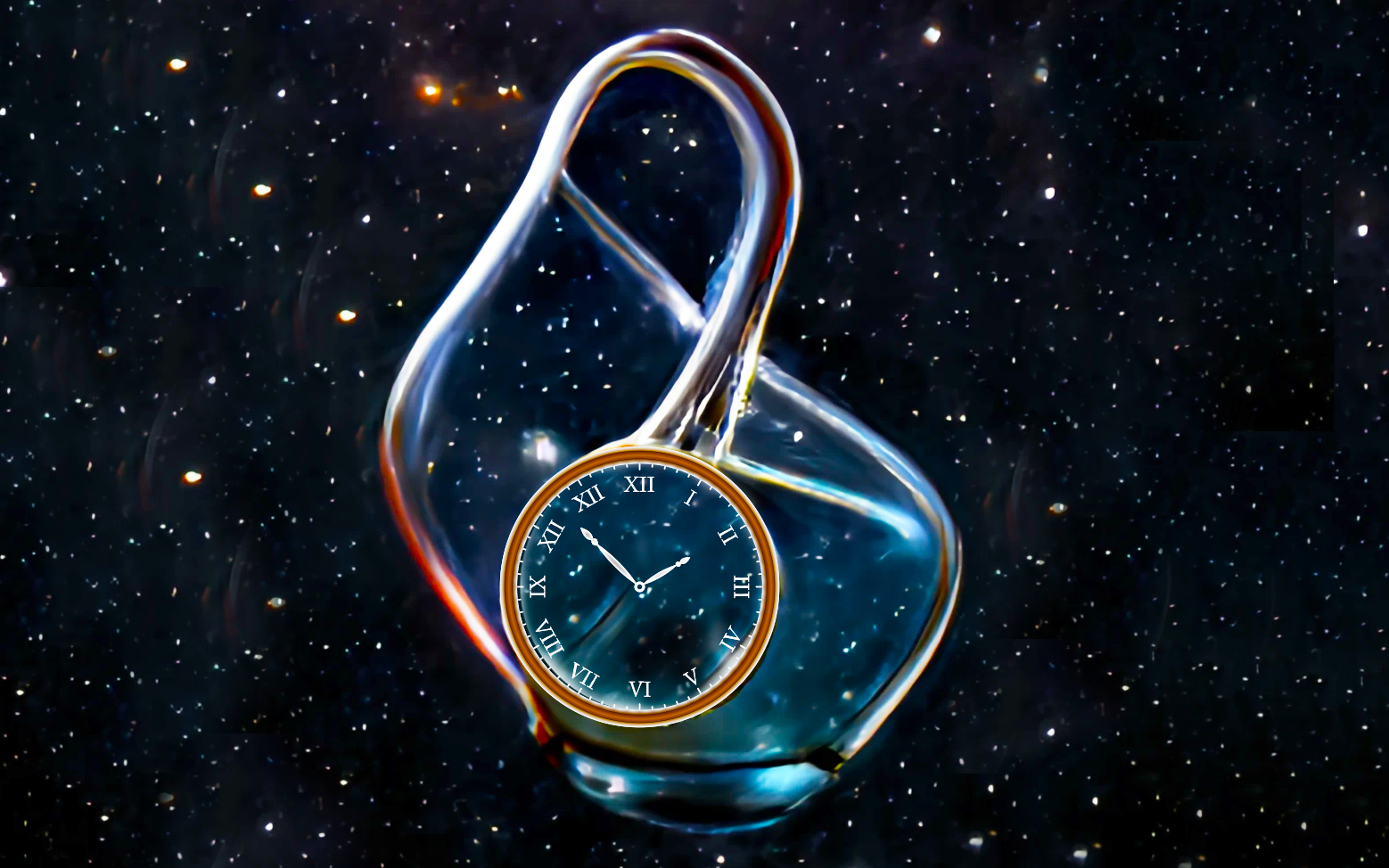 Klein bottle with a clock on it floating in space