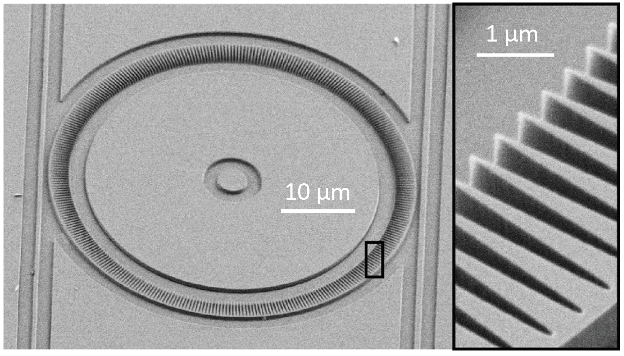 a grayscale scanning electron microscope image of a new kind of photonic device used for trapping light