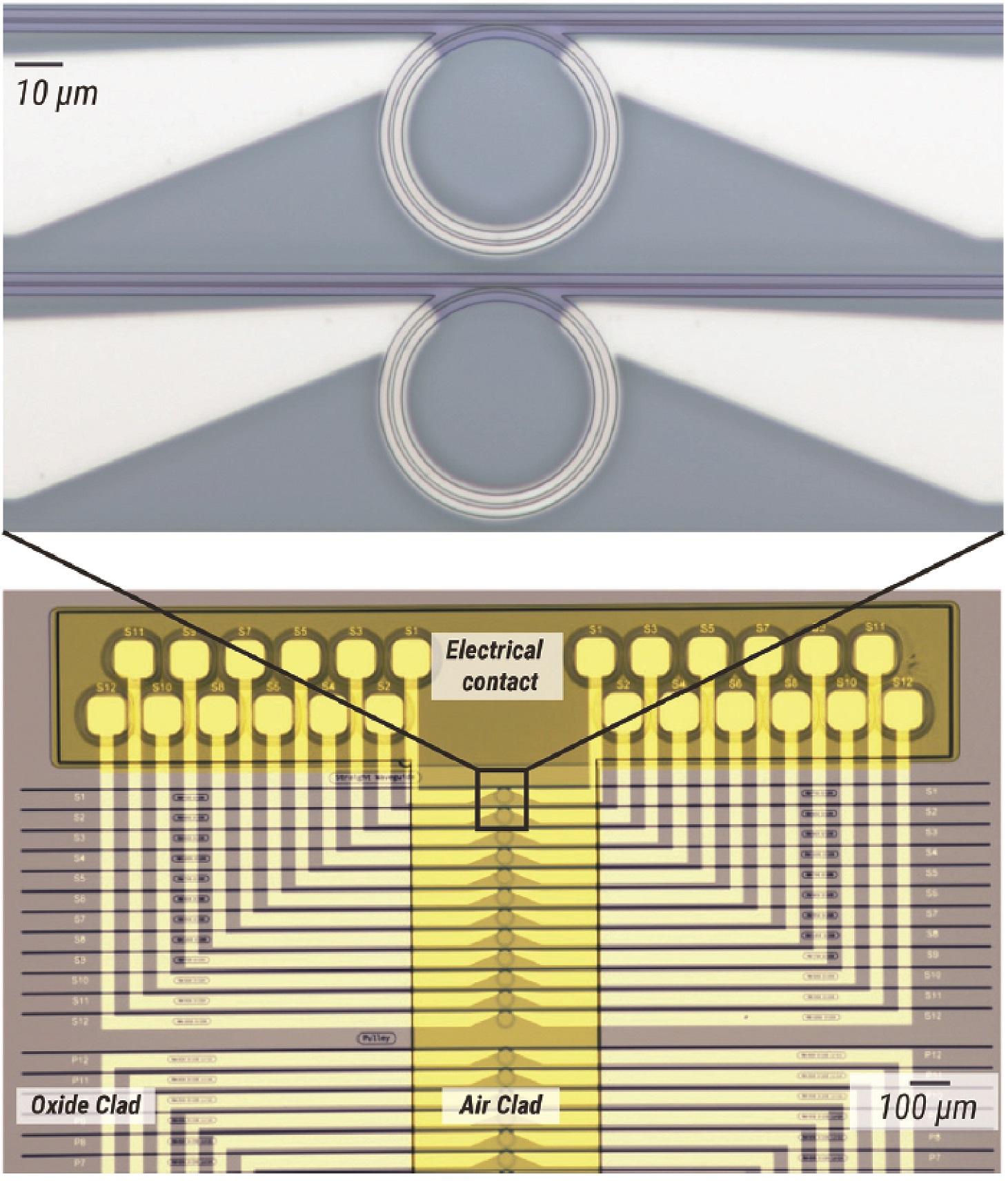 Optical microscope images of the buried heater devices