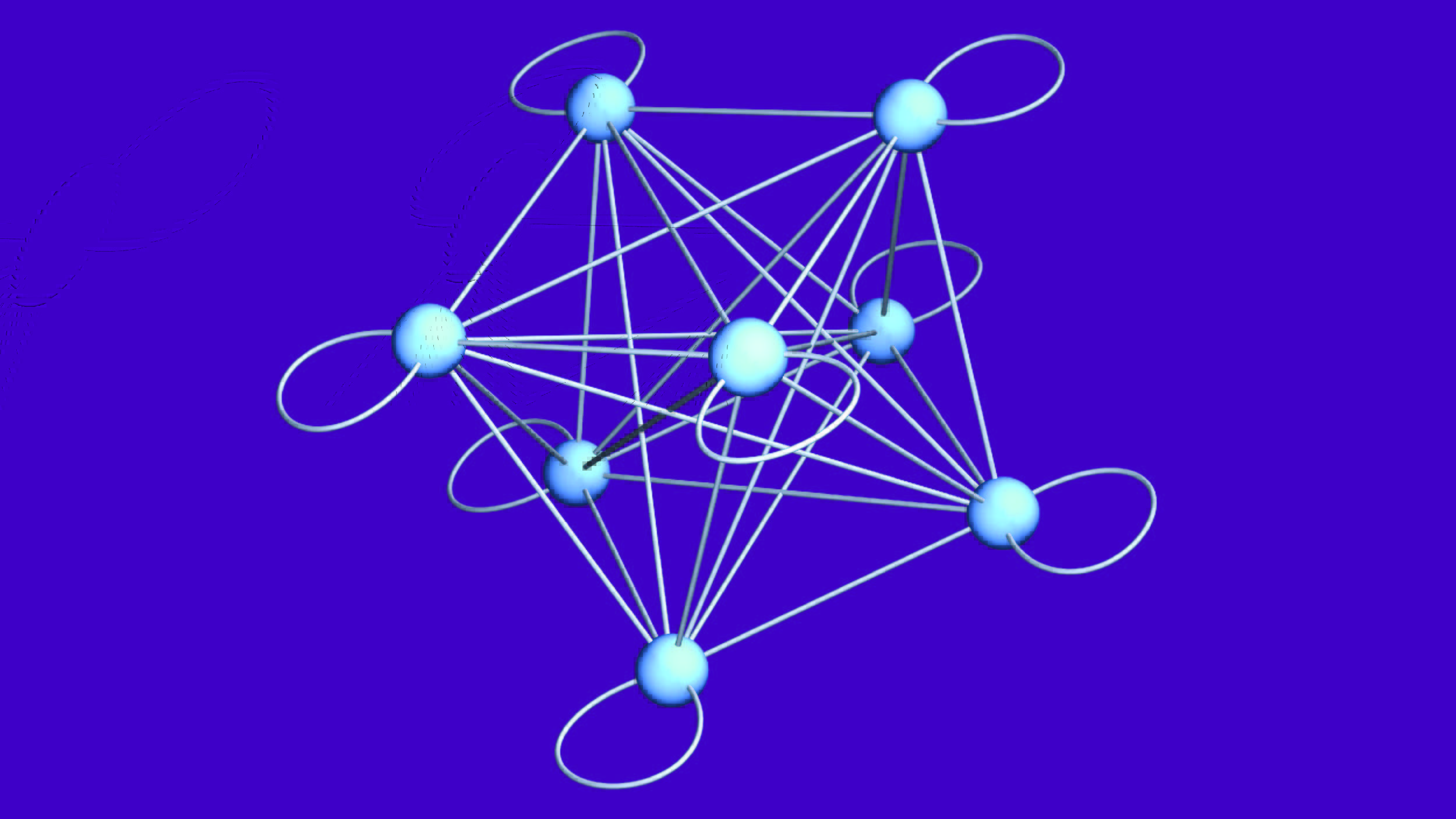 Eight light blue spheres are spread out in space and are connected by grey lines.