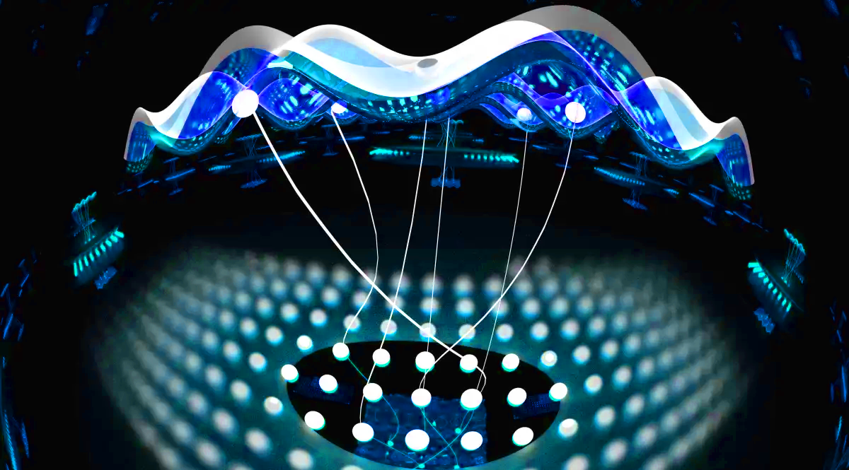 A blue wave is connected by while lines to a grid of white spheres below it.