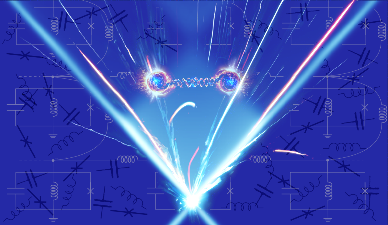 Glowing spheres emerge from a bright collision with a spring like coil between them. The background features basic line diagrams of electrical circuits featuring coils, exes and other symbols.