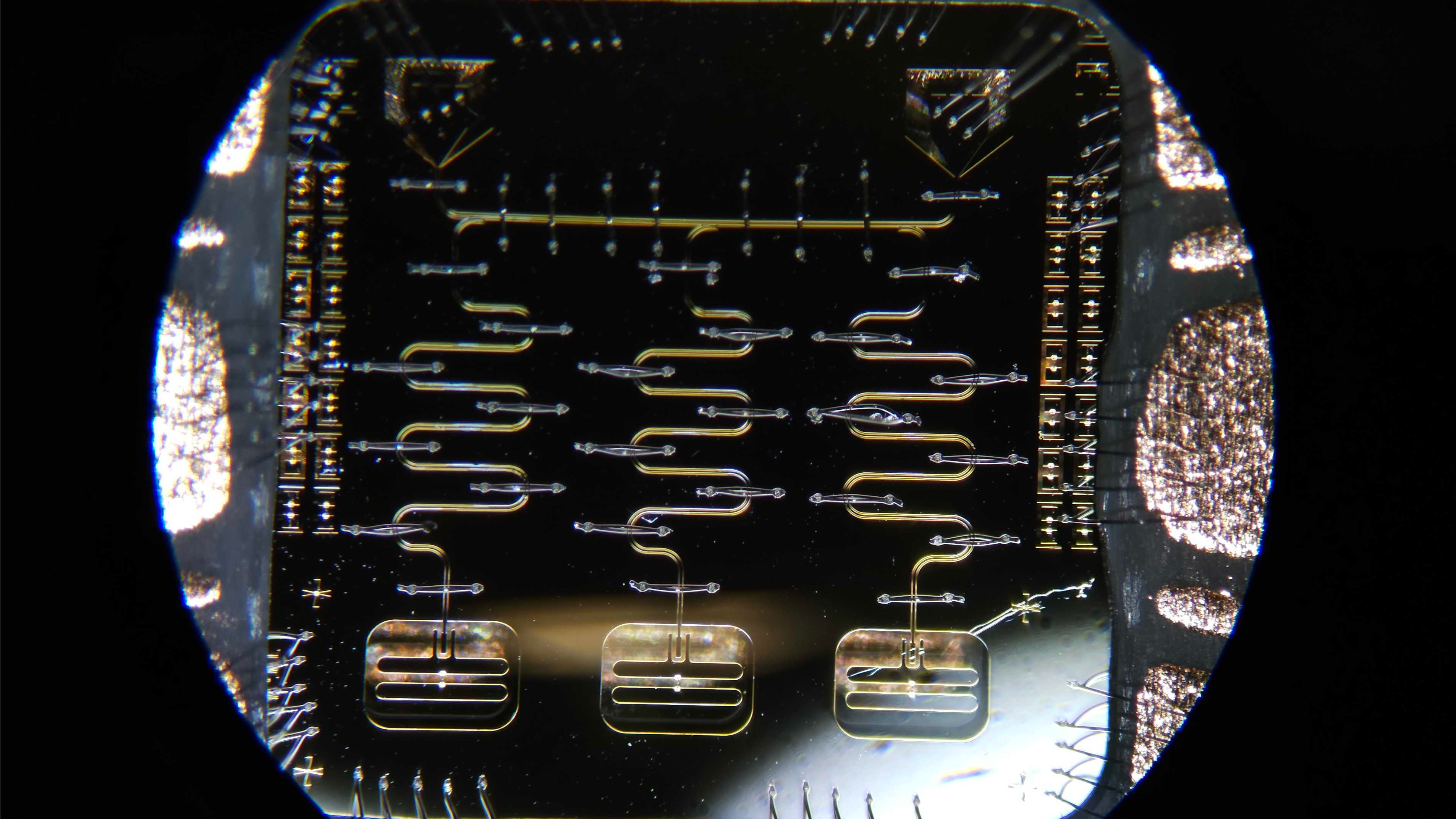 A dark reflective chip with gold lines on it and small wires coming from all sides. The chip is dominated by three squiggly lines that each lead down to rectangles that contain small bright dots in their center.