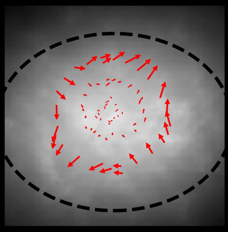 In front of an uneven grey cloud a blacked dash line marks an oval that contains red arrows showing paths that go inward on one axis and outward on the perpendicular axis.